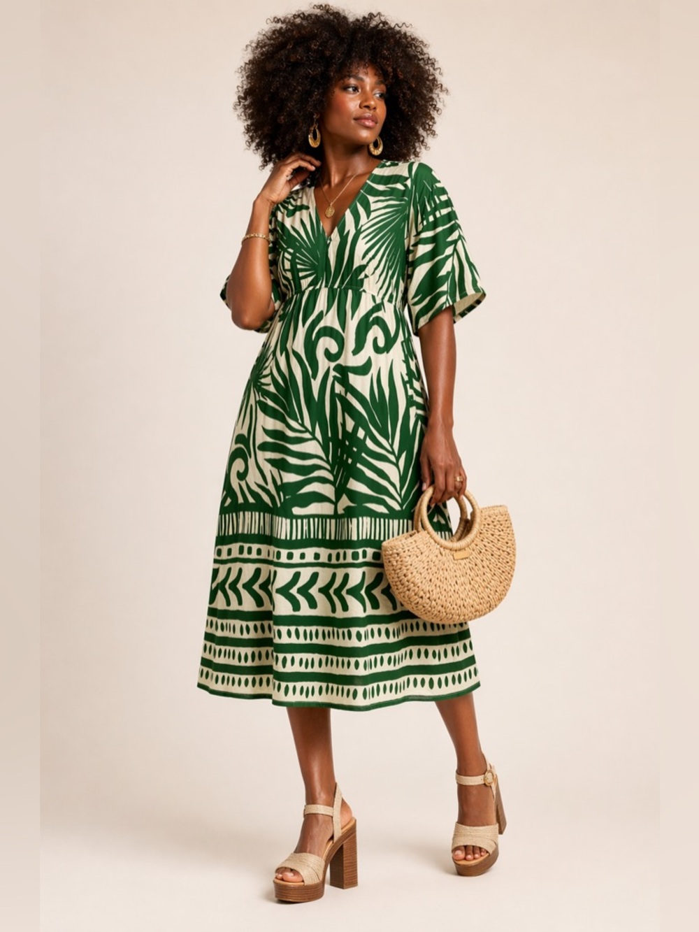 LALOPOGEE NWT Green White Tropical Print Cotton Midi Dress Boho Women’s Large